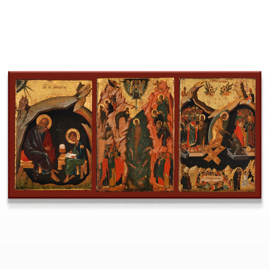 Orthodox Christian icon triptych canvas featuring St. John the Theologian, Christ&#39;s Baptism, and Resurrection (Harrowing of Hades), beautifully displayed on a simple white background with shadow.