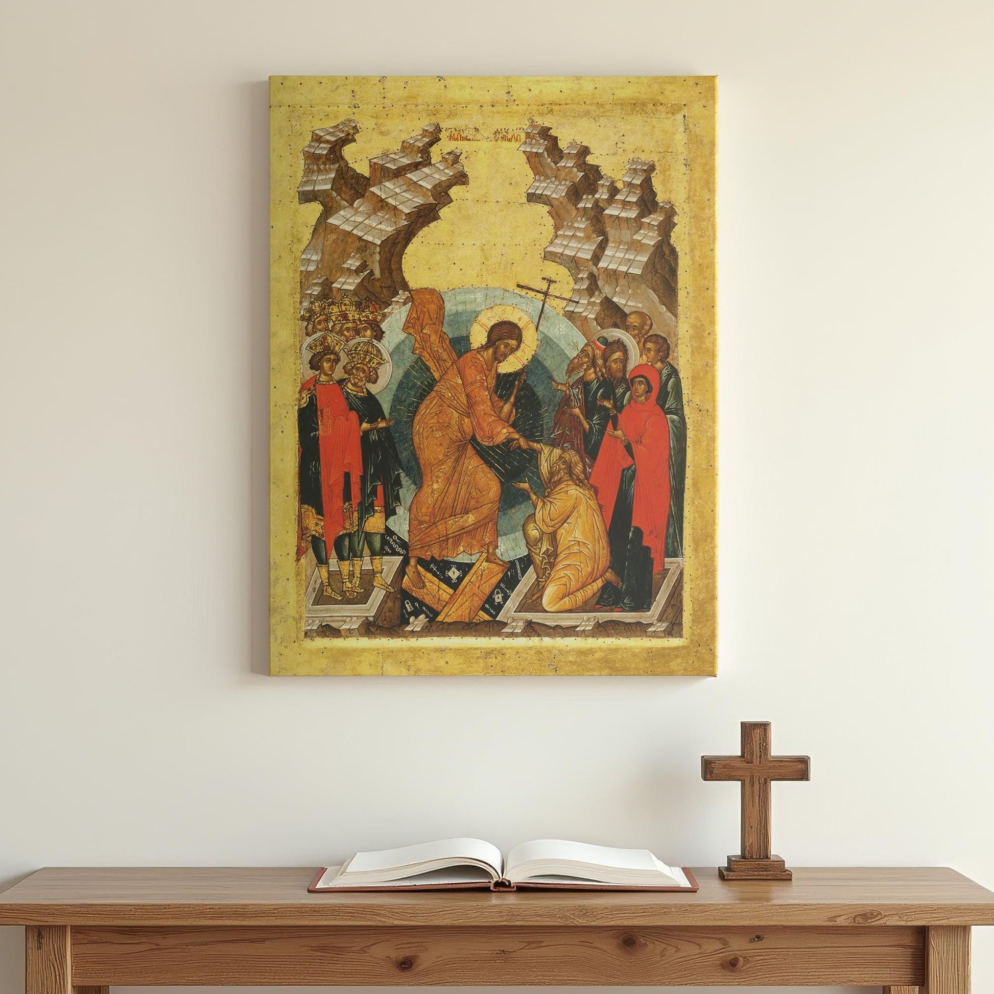 Orthodox Resurrection Icon canvas depicting Christ freeing Adam from Hades, centered above minimalist wooden prayer table with open Bible and cross on neutral wall.