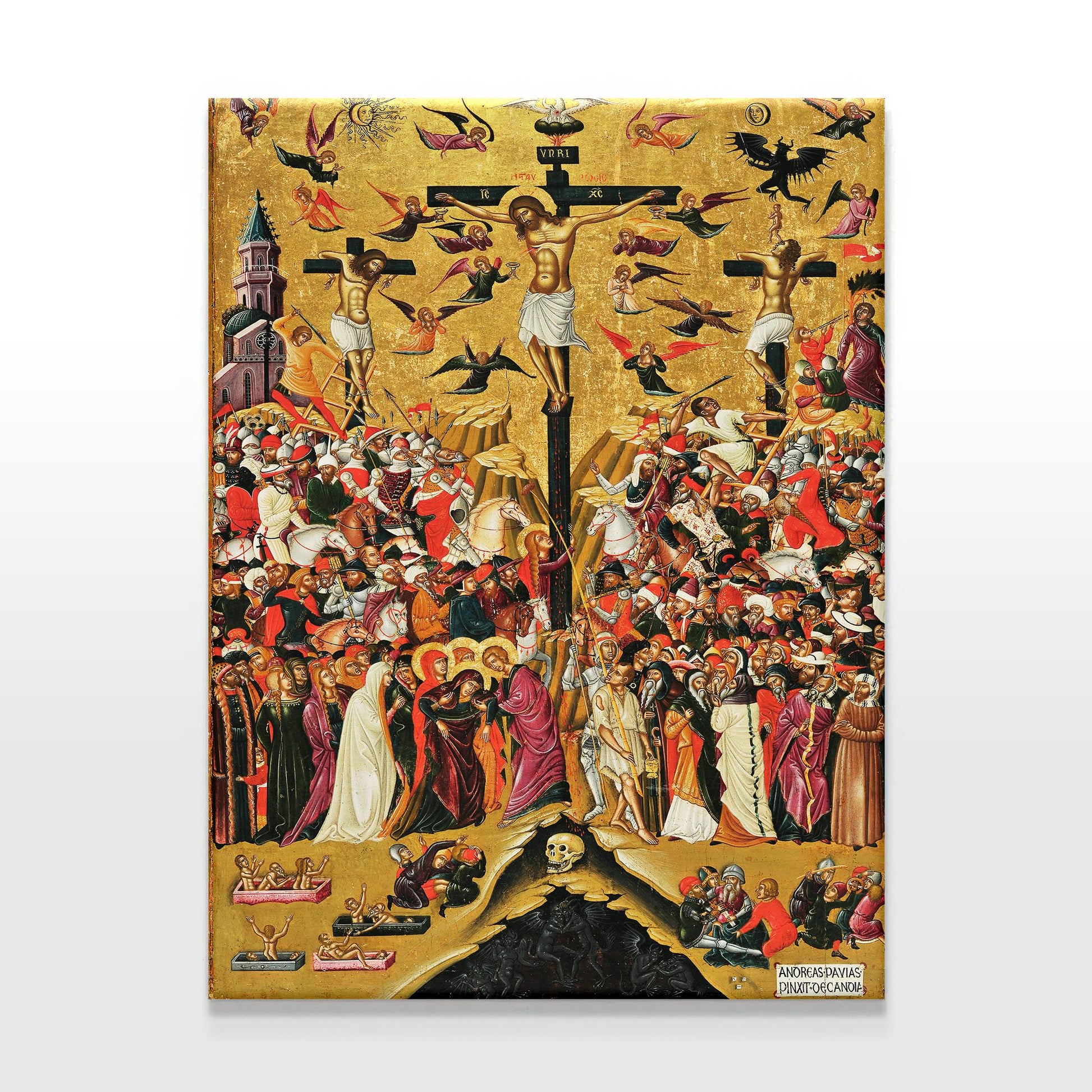 Orthodox Crucifixion Icon canvas richly depicting Jesus on the cross surrounded by saints, angels, soldiers, and symbolic imagery, set against an intricate golden background.