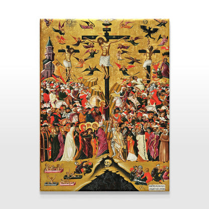Orthodox Crucifixion Icon canvas richly depicting Jesus on the cross surrounded by saints, angels, soldiers, and symbolic imagery, set against an intricate golden background.