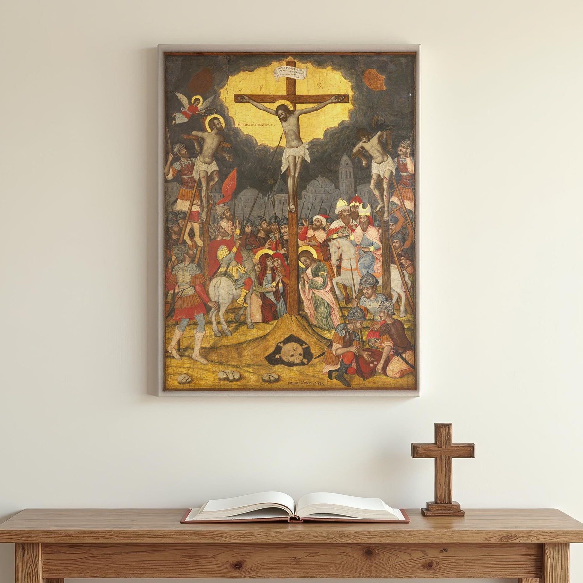 Classic Byzantine Crucifixion icon portraying Christ crucified amidst historical figures and biblical imagery, placed above minimalist prayer table with open Bible and cross in peaceful home setting.