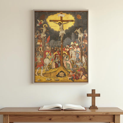 Classic Byzantine Crucifixion icon portraying Christ crucified amidst historical figures and biblical imagery, placed above minimalist prayer table with open Bible and cross in peaceful home setting.