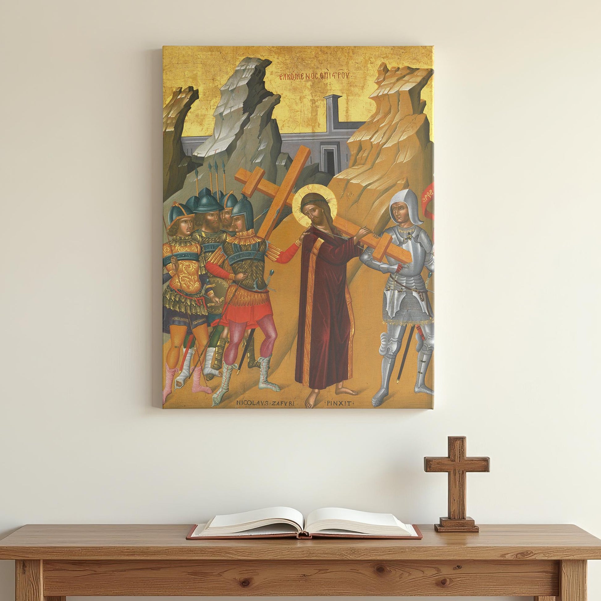 Traditional Orthodox icon canvas illustrating Jesus bearing His cross, escorted by soldiers in vibrant armor, set above a simple wooden prayer table with Bible and cross in peaceful home setting.