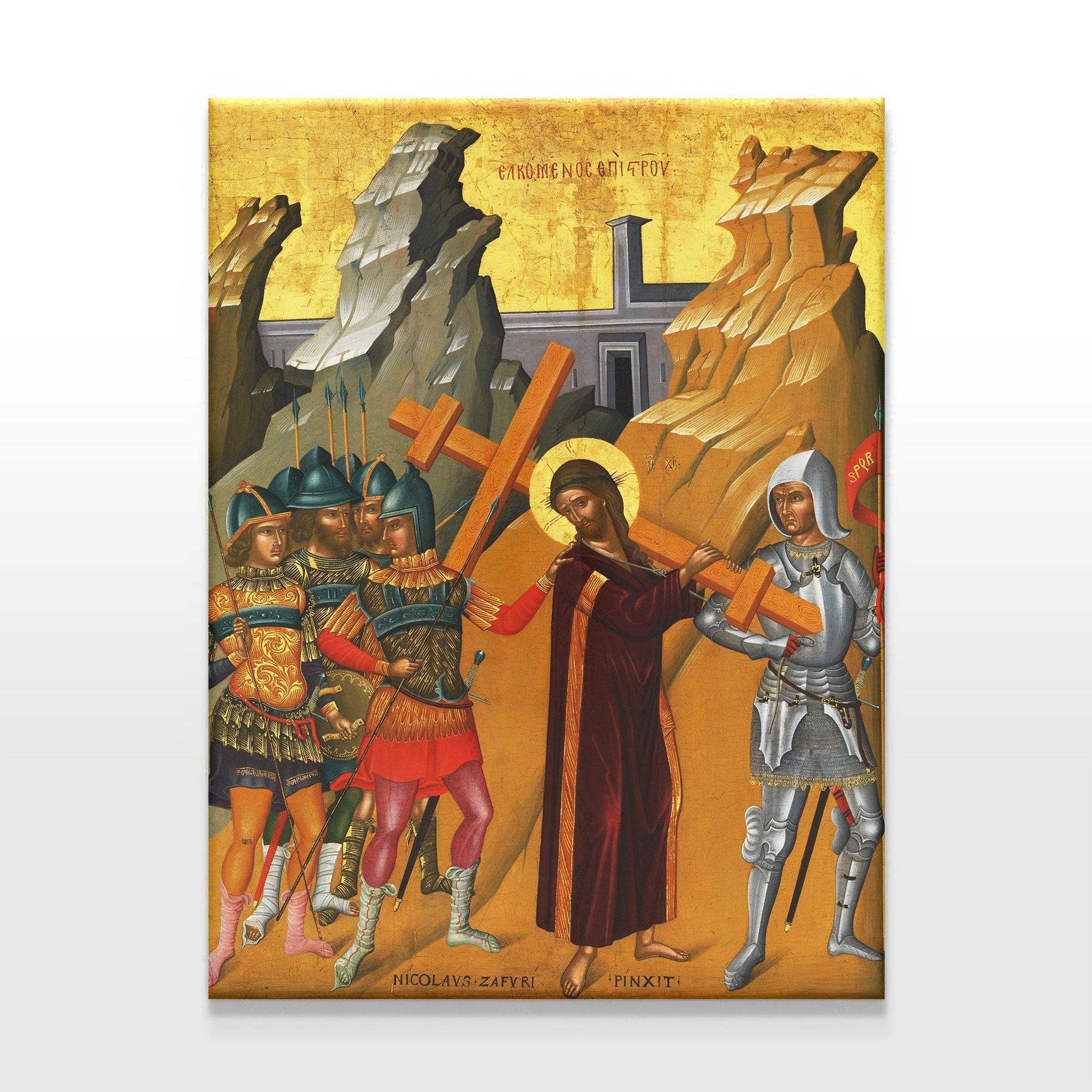 Orthodox Christian icon canvas showing Christ carrying the Cross, with Byzantine-style soldiers and golden background, representing the solemn procession toward the Crucifixion.