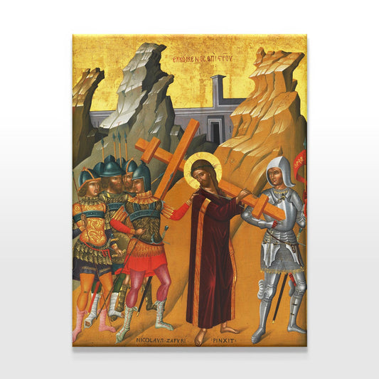 Orthodox Christian icon canvas showing Christ carrying the Cross, with Byzantine-style soldiers and golden background, representing the solemn procession toward the Crucifixion.