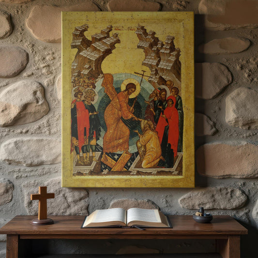 Orthodox Resurrection Icon canvas showing Christ lifting Adam from Hades, displayed above a rustic wood table with open Bible, cross, and incense, against textured stone wall.