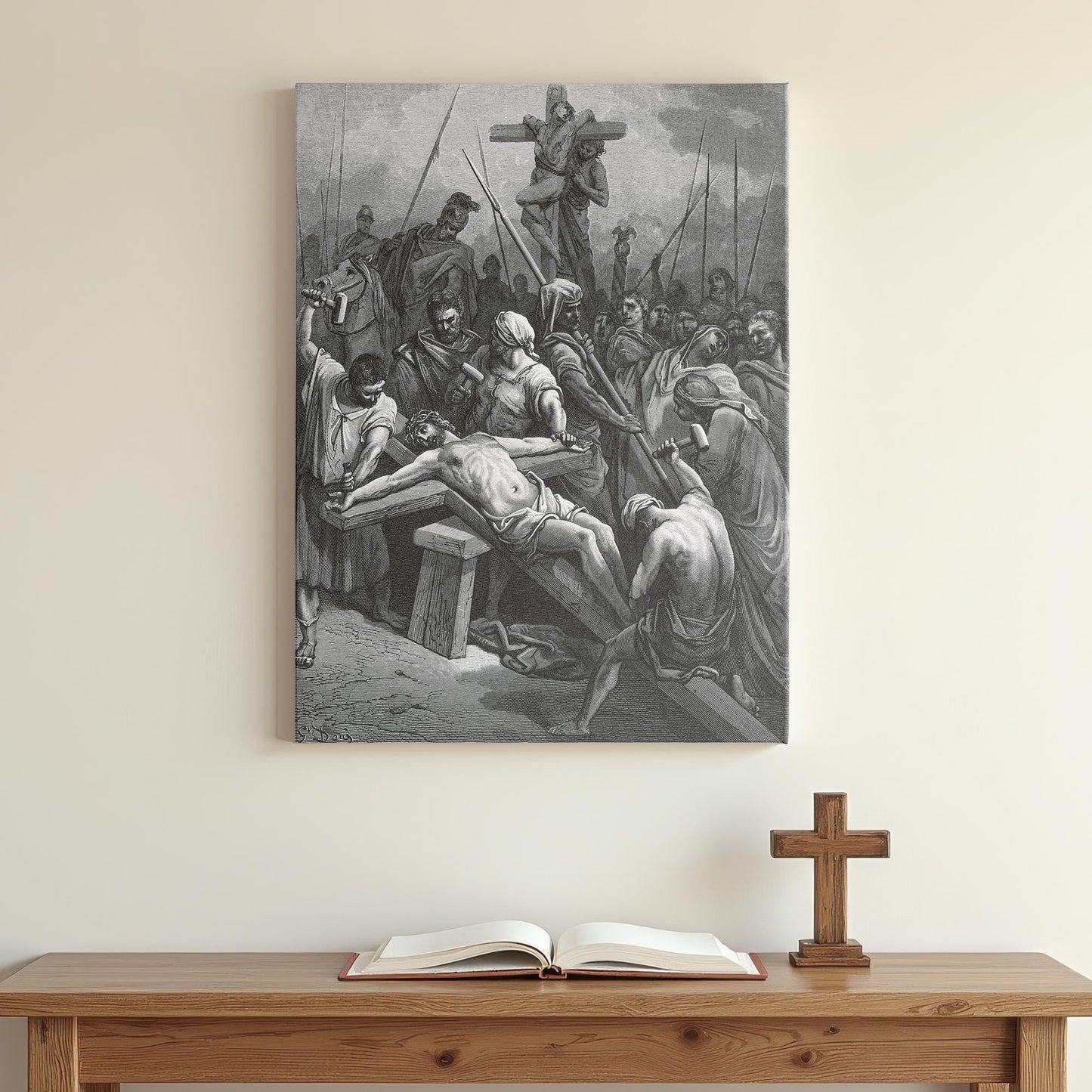 Doré’s detailed engraving canvas illustrating Christ’s crucifixion scene, emotionally portraying soldiers preparing Jesus on the cross, set above minimalist wooden prayer table with Bible and wooden cross.