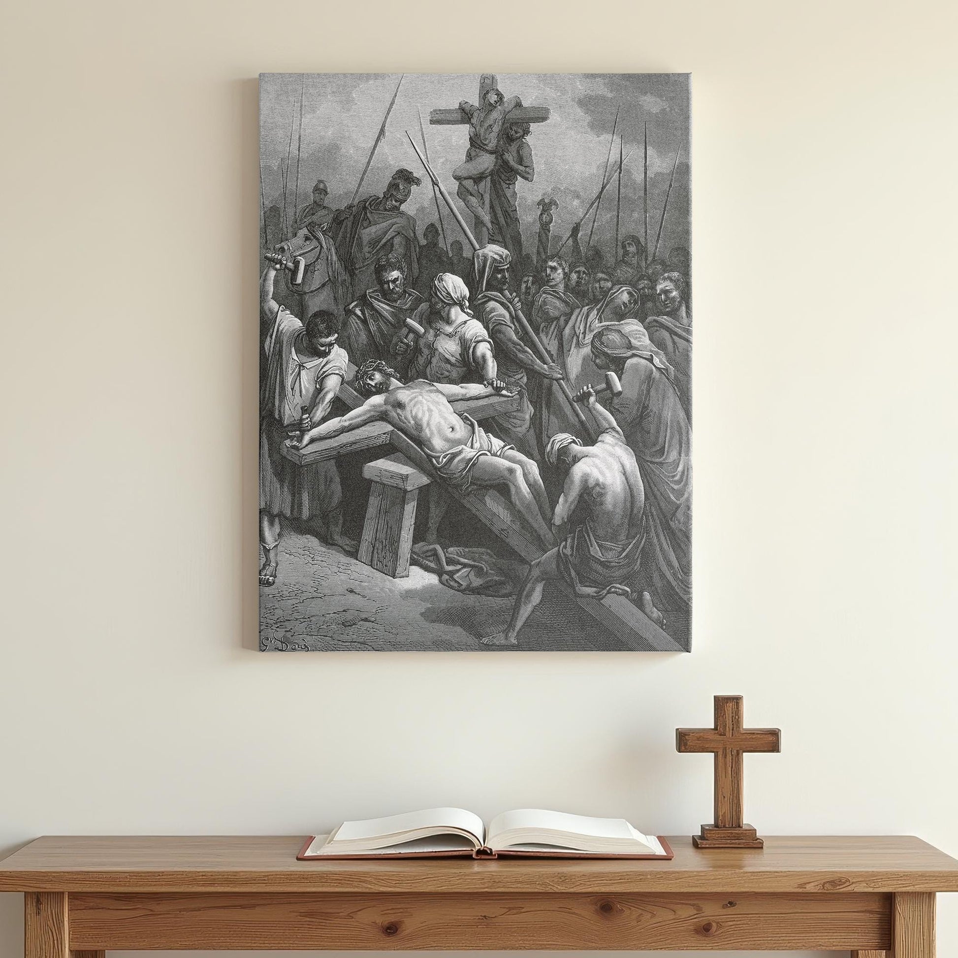 Doré’s detailed engraving canvas illustrating Christ’s crucifixion scene, emotionally portraying soldiers preparing Jesus on the cross, set above minimalist wooden prayer table with Bible and wooden cross.