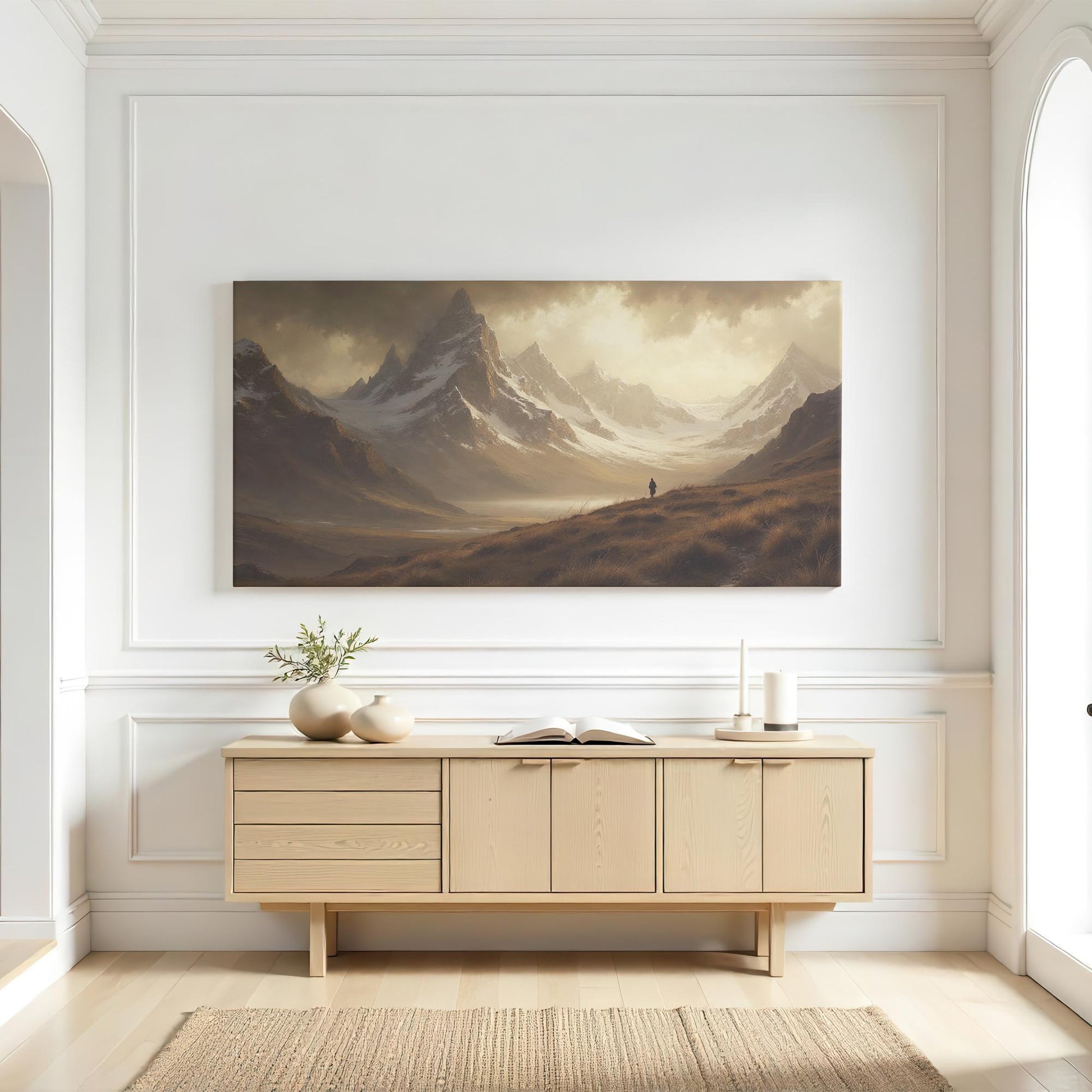 Bright interior showcasing an elegant landscape canvas of serene, snowy mountain ranges and gentle valleys beneath cloudy skies, placed above a stylish wooden console in a peaceful, modern living space.