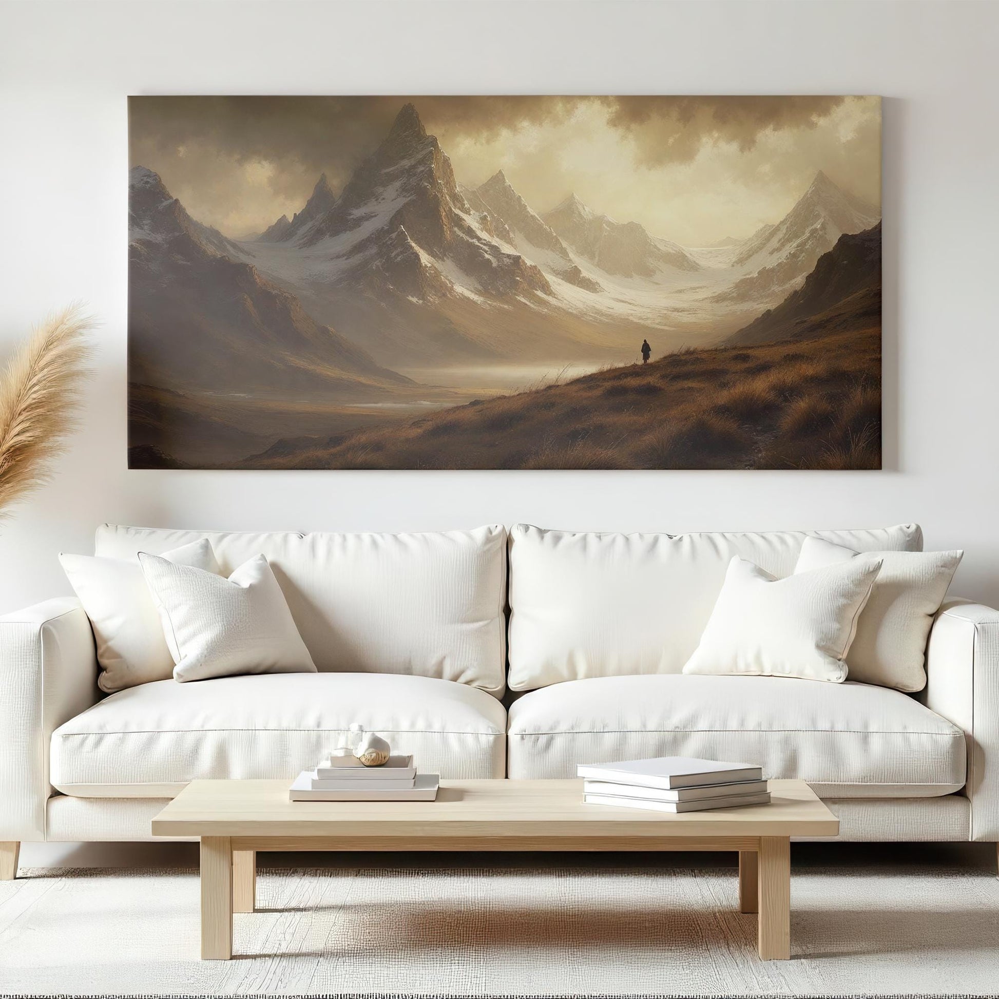 Contemporary living room with a soft-white sofa displaying a wide landscape canvas of expansive mountains under dramatic skies, creating a calming focal point that blends beautifully with neutral, minimalist décor.