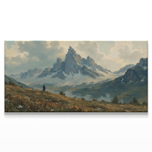 Canvas artwork of a serene mountain landscape featuring rugged peaks under soft clouds. A solitary figure stands amidst grassy hills, gazing thoughtfully toward the expansive valley. Colors evoke peaceful tranquility.