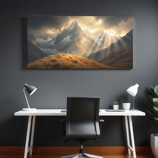 Elegant modern office featuring a panoramic canvas print of majestic mountains and sun rays piercing clouds, highlighting a solitary figure on a grassy peak.
