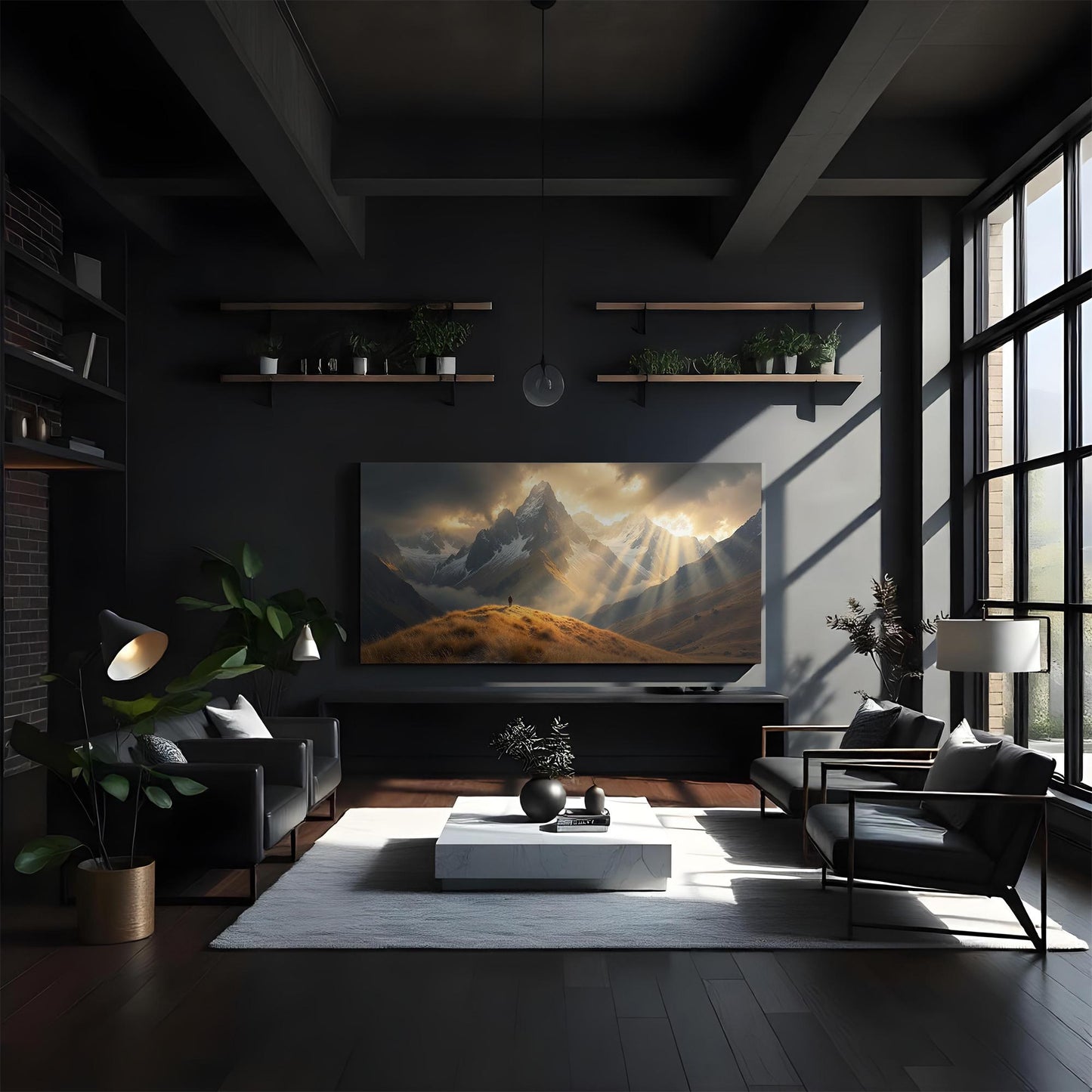 Contemporary dark-themed living room with large canvas depicting striking sunlit mountains, dramatic clouds, and a figure on a golden grassy ridge creating a focal point.