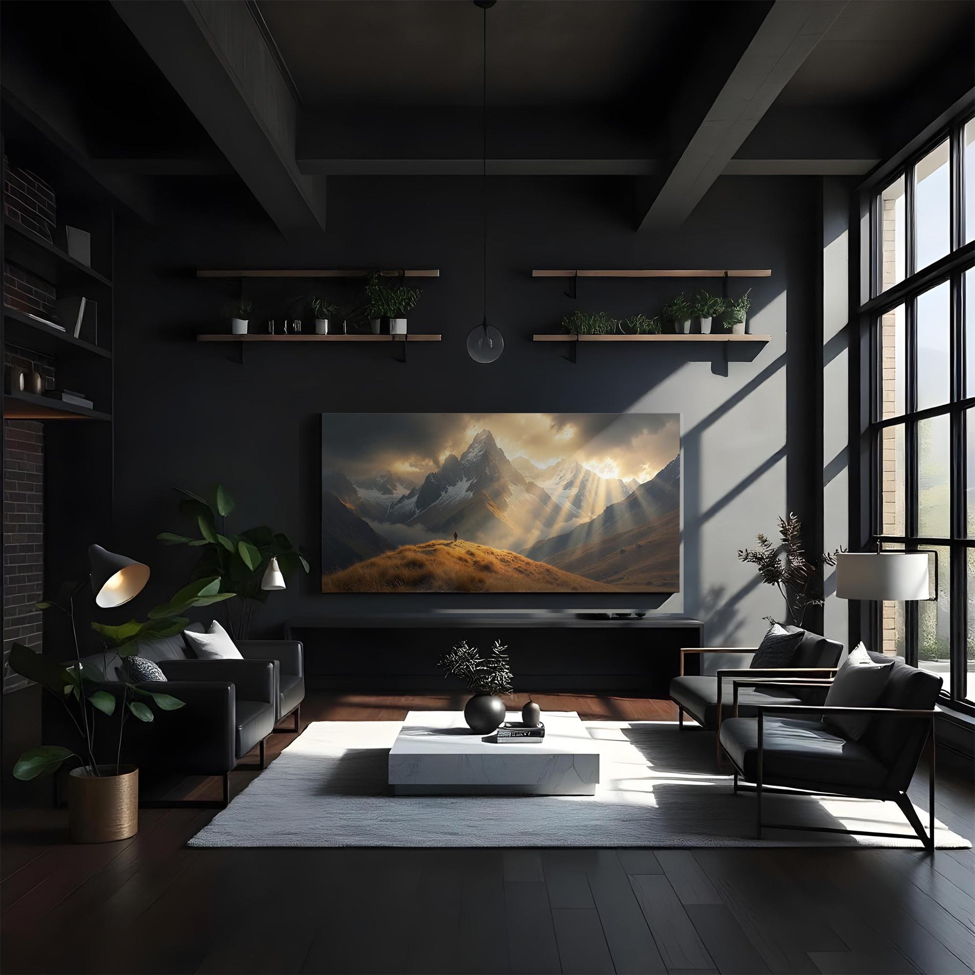 Contemporary dark-themed living room with large canvas depicting striking sunlit mountains, dramatic clouds, and a figure on a golden grassy ridge creating a focal point.