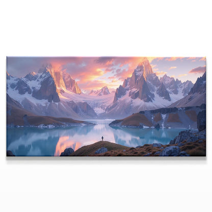 A breathtaking landscape of towering, snow-capped mountains bathed in the warm hues of a sunset, reflecting on a tranquil alpine lake. The sky glows with soft pinks and oranges, contrasting with the crisp blue tones of the peaks. A lone figure stands at the lake’s edge, adding depth and a sense of scale. This panoramic nature art print captures the majesty of the wilderness, ideal for modern or rustic decor.