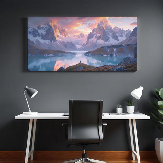 A stunning mountain landscape canvas featuring a peaceful sunset with golden light illuminating rugged peaks and a mirrored lake. This panoramic print adds a calming, inspiring atmosphere to a contemporary workspace. The lone adventurer in the scene emphasizes solitude and exploration, making it a perfect choice for those who seek motivation through nature’s grandeur in an office or creative setting.