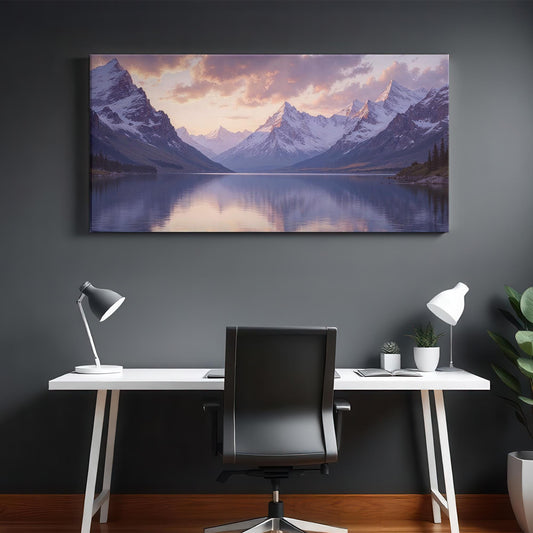 Large Nature Wall Art | Sunset Mountain Wall Art | Peaceful Nature Painting | Mountain Landscape Canvas | Lake Reflection Nature Artwork