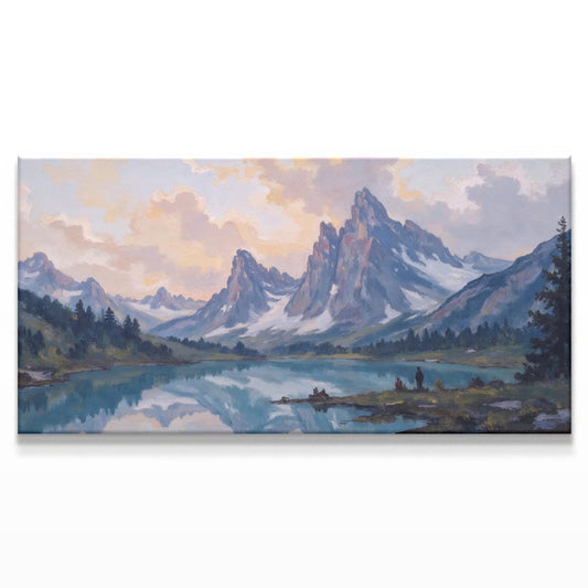 A breathtaking mountain landscape painting featuring towering peaks with snow-capped summits, a tranquil alpine lake reflecting the sky, and a warm pastel-hued sunset. The serene wilderness is accented by lush pine trees and distant travelers near the water’s edge. This peaceful nature wall art evokes a sense of adventure and tranquility, perfect for mountain lovers, cabin decor, or modern rustic interiors.