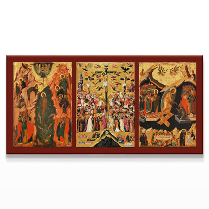 A sacred Orthodox icon depicting the Baptism of Jesus Christ in the Jordan River by John the Baptist. Angels stand in reverence while the Holy Spirit descends from above. The rugged, golden-hued background and stylized figures showcase traditional Byzantine iconography, emphasizing the divine nature of Christ’s mission and the sanctity of baptism.