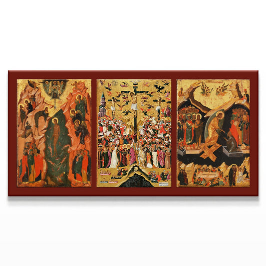 A sacred Orthodox icon depicting the Baptism of Jesus Christ in the Jordan River by John the Baptist. Angels stand in reverence while the Holy Spirit descends from above. The rugged, golden-hued background and stylized figures showcase traditional Byzantine iconography, emphasizing the divine nature of Christ’s mission and the sanctity of baptism.