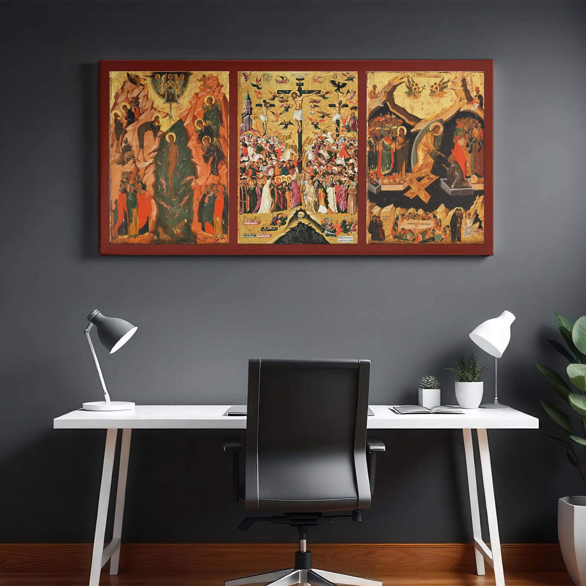 This traditional Byzantine icon captures Christ’s descent into Hades, where He triumphantly raises Adam and Eve from their tombs. The composition is rich in theological symbolism, featuring dark cavernous depths contrasted with golden light, signifying Christ’s victory over death. Angels, prophets, and saints witness the redemption of humanity.