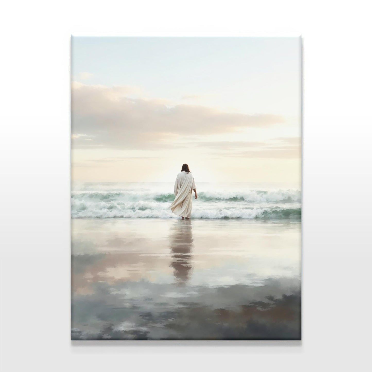 Canvas art of Jesus walking along the shore with the waves gently touching his feet, soft pastel skies in the background, evoking peace and serenity in a coastal setting.