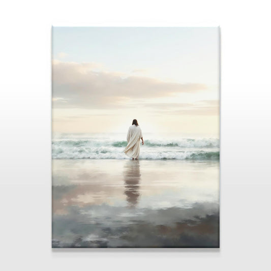 Canvas art of Jesus walking along the shore with the waves gently touching his feet, soft pastel skies in the background, evoking peace and serenity in a coastal setting.
