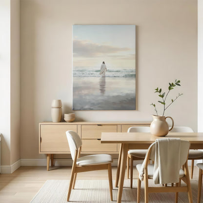A bright dining area with neutral tones, showcasing a large canvas of Jesus walking on the beach, bringing a calming, inspirational atmosphere to the space.