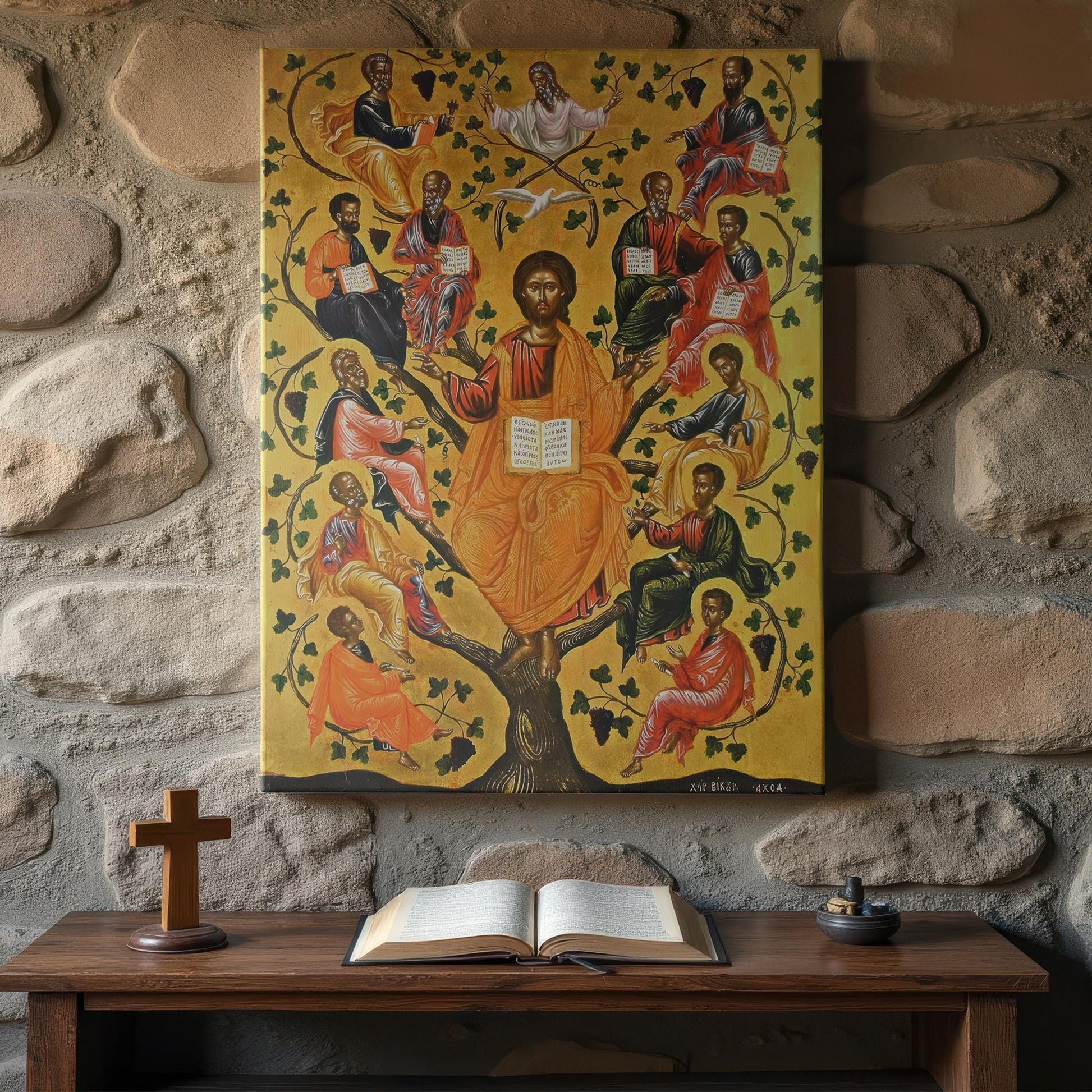 This Orthodox Christian icon of the Tree of Jesse is displayed on a rustic stone wall, creating a reverent atmosphere. The detailed icon features Jesus Christ at the center of a golden tree, surrounded by Old Testament prophets. The warm glow of candlelight and an open Bible below enhance the sacred ambiance, making this a perfect faith-based decor piece for prayer rooms, churches, or contemplative spaces.