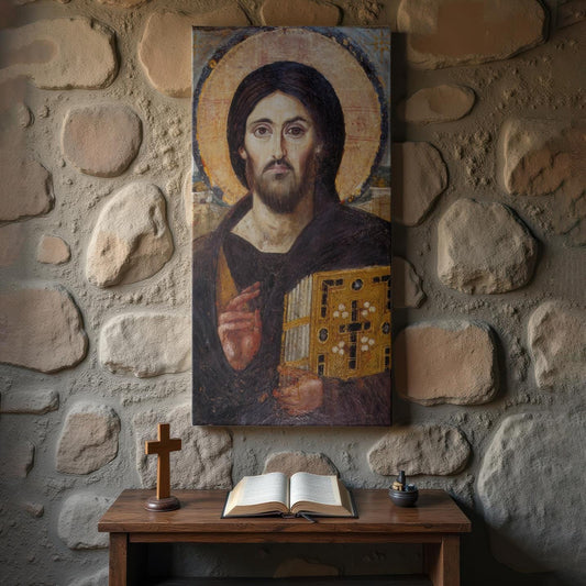 A large Christ Pantocrator icon canvas leans against a textured stone wall in an Orthodox prayer corner. Below, a wooden table holds an open prayer book, a wooden cross, and an incense burner, creating a warm, reverent setting.