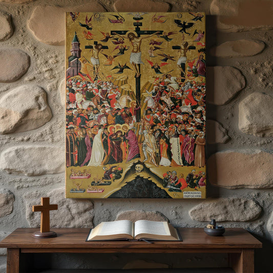 Detailed Orthodox Crucifixion Icon canvas featuring Christ&#39;s sacrifice amidst angels and biblical figures, displayed above rustic prayer table with open Bible, cross, and incense on textured stone wall.