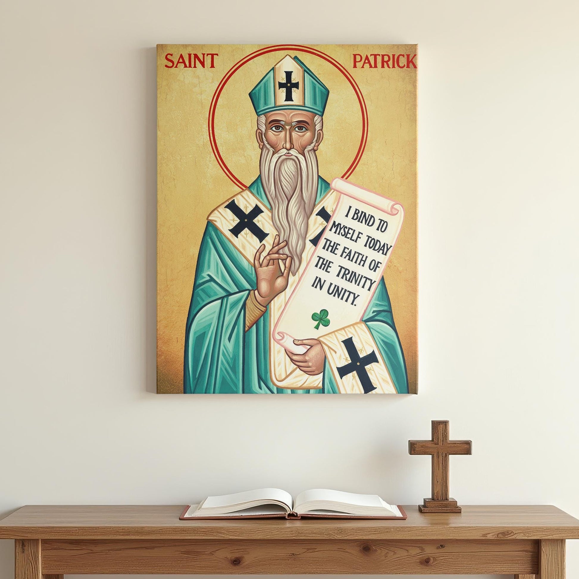 An icon of Saint Patrick hangs on a minimalist white wall above a wooden prayer table with an open book and cross. The calm atmosphere emphasizes the saint’s scroll, bearing a message of the Holy Trinity, and the teal tones of his vestments.