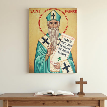 An icon of Saint Patrick hangs on a minimalist white wall above a wooden prayer table with an open book and cross. The calm atmosphere emphasizes the saint’s scroll, bearing a message of the Holy Trinity, and the teal tones of his vestments.