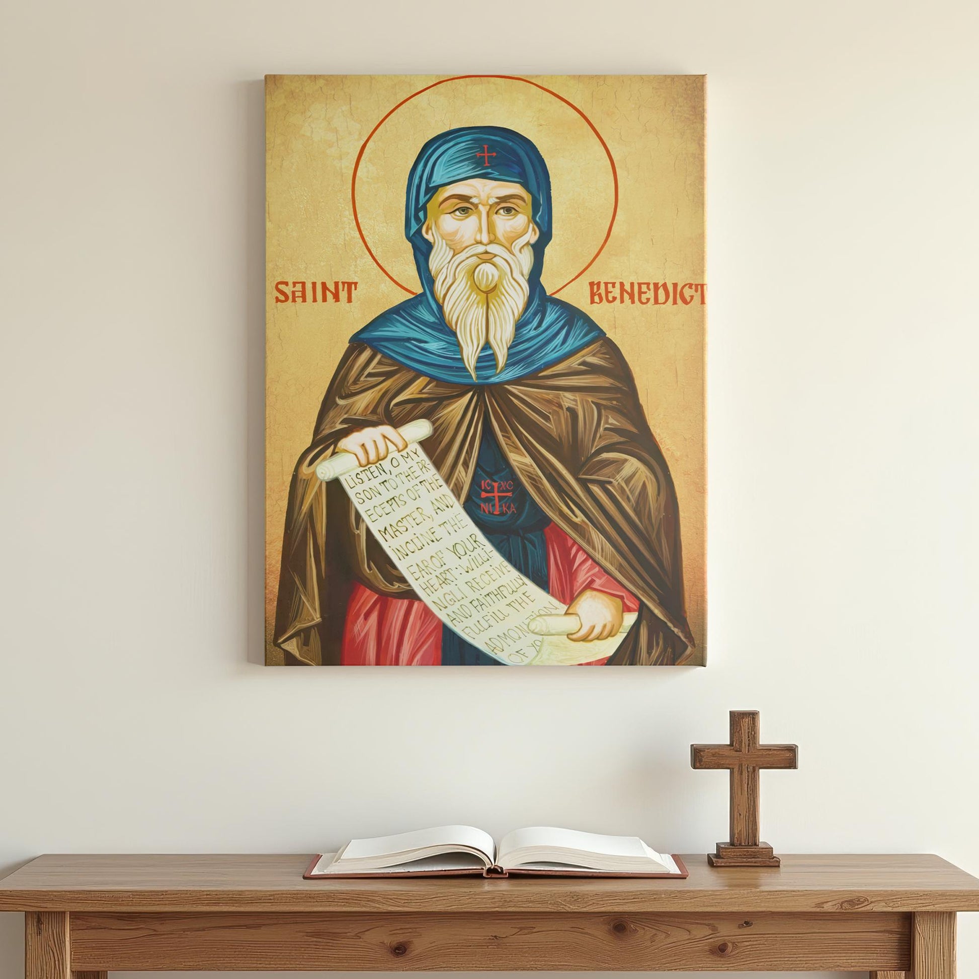 Saint Nicholas icon displayed on a minimalist white wall above a wooden prayer table with an open book and cross. The icon’s rich colors and ornate detail contrast beautifully with the clean setting, making it a perfect fit for home or church prayer spaces.