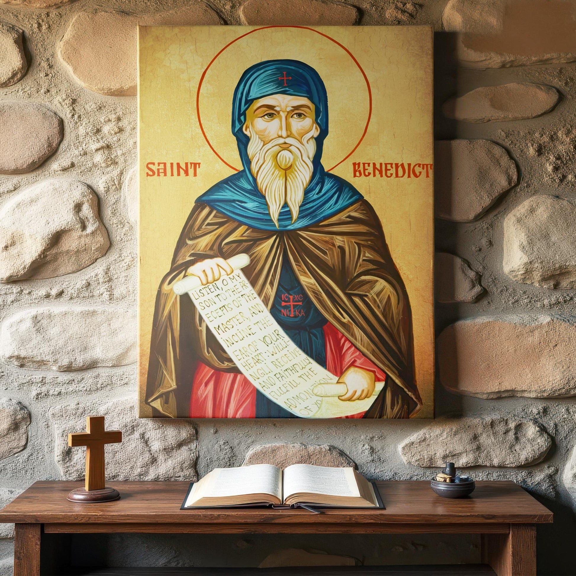 A hand-painted style icon of Saint Nicholas hangs above a rustic wooden table set against a stone wall. The warm setting includes a wooden cross and open Bible, creating a peaceful prayer corner atmosphere. The saint is depicted in bishop&#39;s vestments, holding a Gospel and shepherd’s staff.