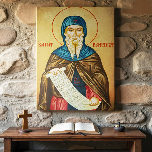 A hand-painted style icon of Saint Nicholas hangs above a rustic wooden table set against a stone wall. The warm setting includes a wooden cross and open Bible, creating a peaceful prayer corner atmosphere. The saint is depicted in bishop&#39;s vestments, holding a Gospel and shepherd’s staff.