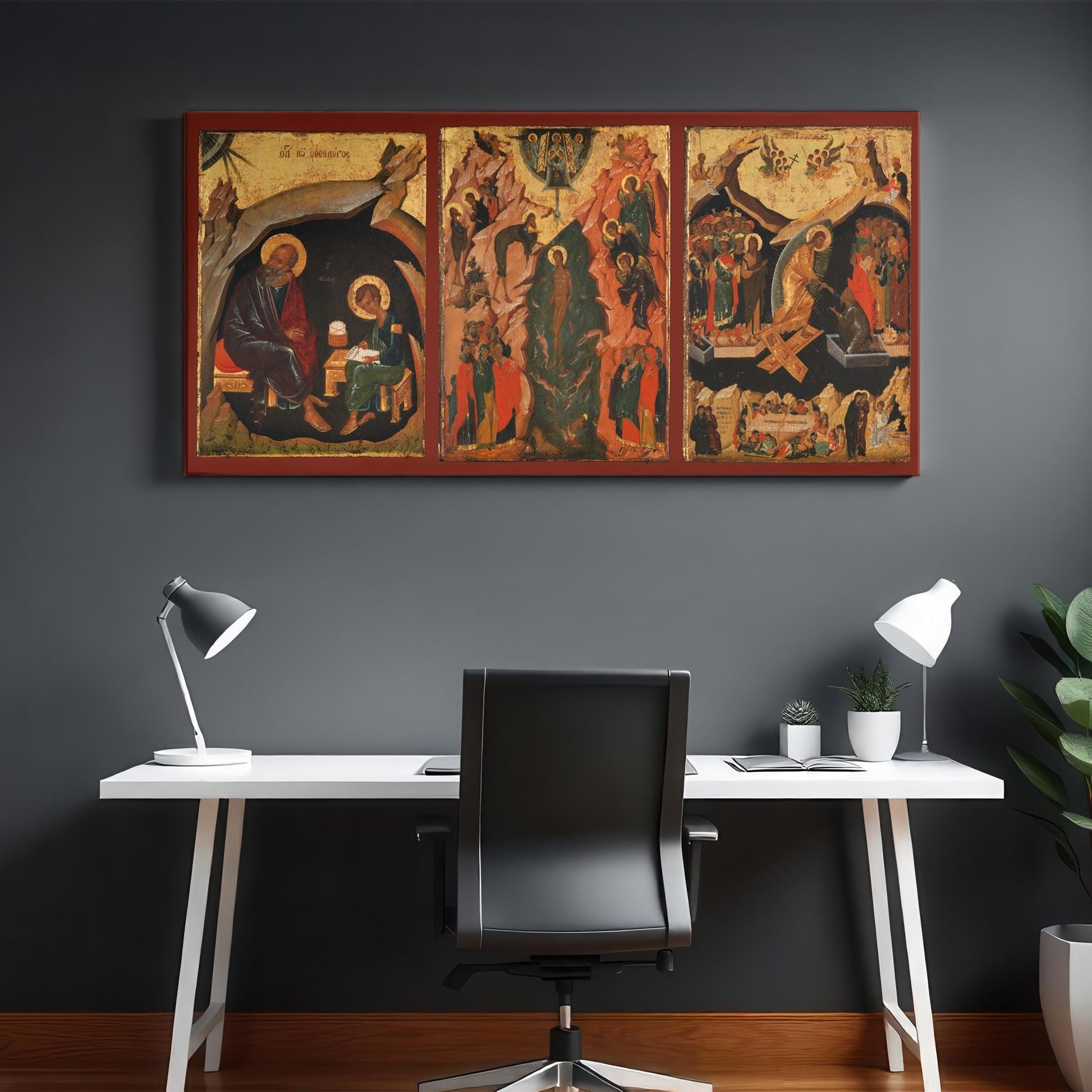 Modern office featuring Orthodox Christian icon triptych canvas of St. John the Theologian, Christ&#39;s Baptism, and Resurrection, displayed on dark wall above minimalist white desk, creating a serene workspace.
