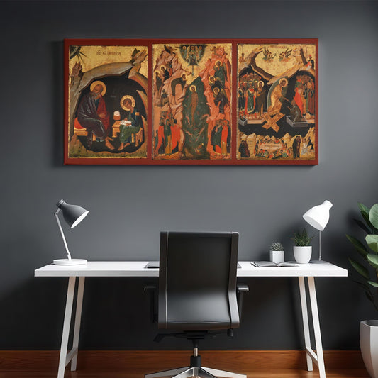 Modern office featuring Orthodox Christian icon triptych canvas of St. John the Theologian, Christ&#39;s Baptism, and Resurrection, displayed on dark wall above minimalist white desk, creating a serene workspace.