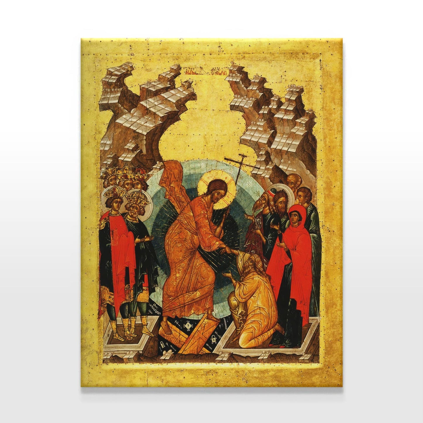 Orthodox Christian Resurrection Icon canvas featuring Christ’s descent into Hades, raising Adam and Eve, vividly presented on a clean white backdrop.
