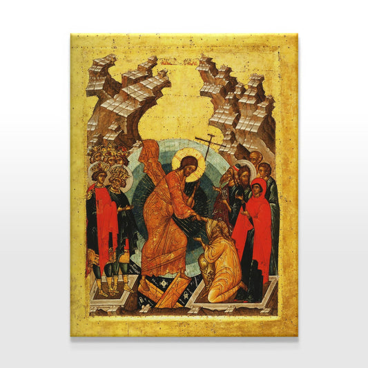 Orthodox Christian Resurrection Icon canvas featuring Christ’s descent into Hades, raising Adam and Eve, vividly presented on a clean white backdrop.