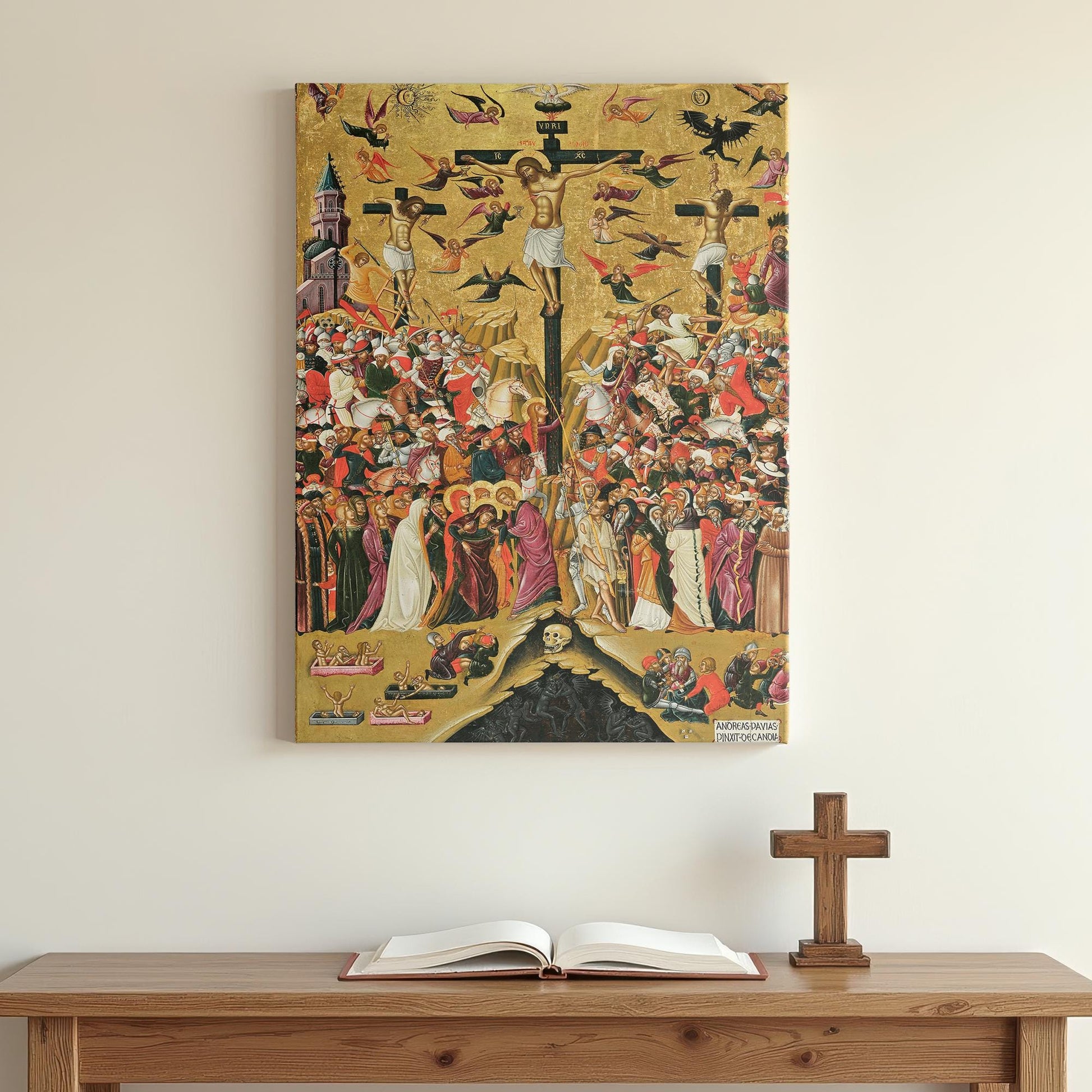Orthodox Christian Crucifixion Icon canvas showing Christ crucified with detailed symbolism, centered above simple wooden prayer table with open Bible and wooden cross in serene minimalist setting.
