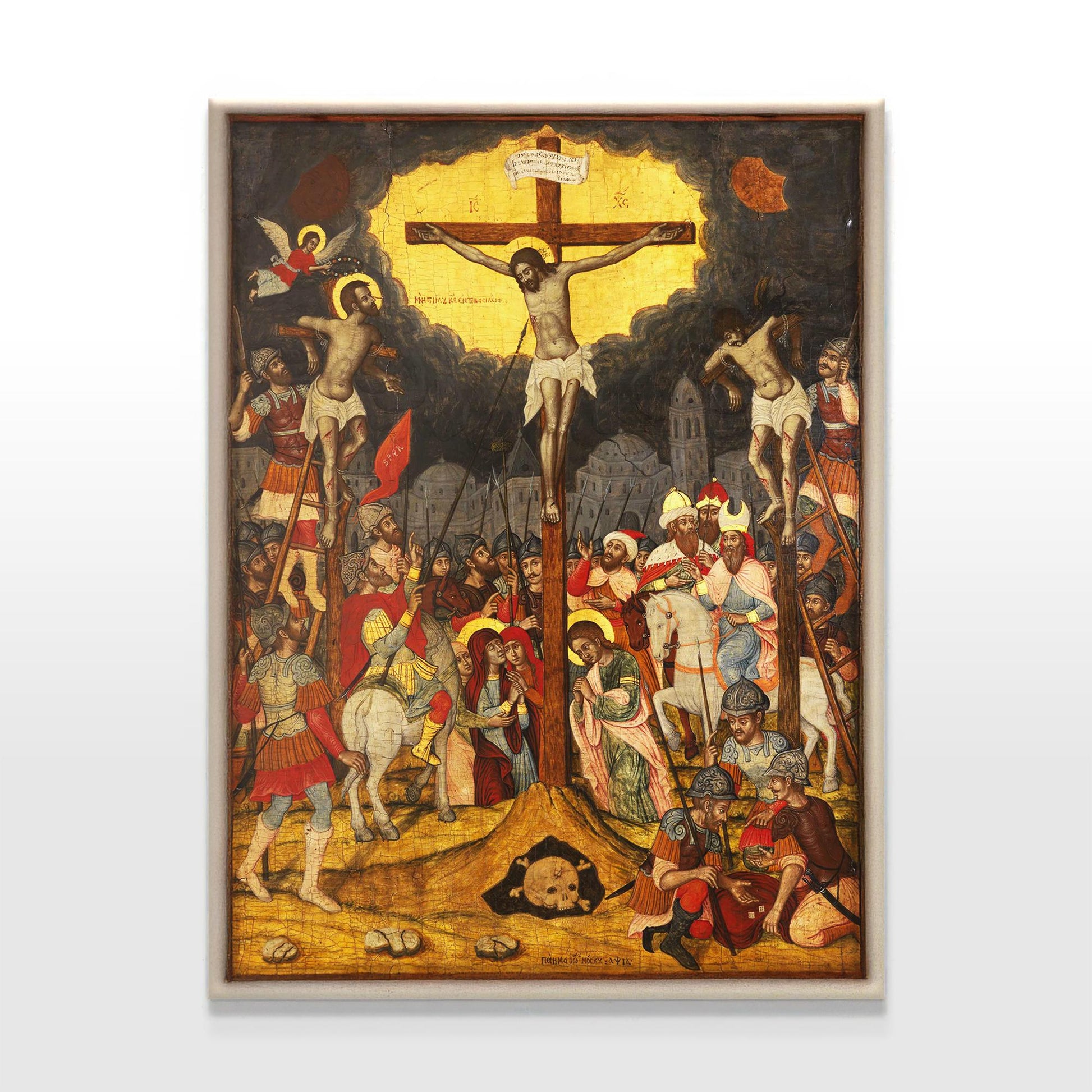 Orthodox Byzantine Crucifixion icon illustrating Christ&#39;s crucifixion with rich symbolic detail, set against a dark sky with gold accents, vividly presented on a plain white background.