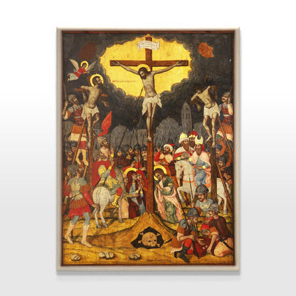 Orthodox Byzantine Crucifixion icon illustrating Christ&#39;s crucifixion with rich symbolic detail, set against a dark sky with gold accents, vividly presented on a plain white background.