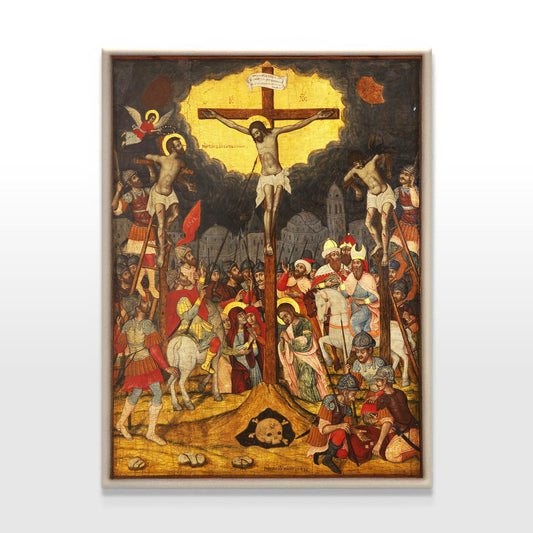 Orthodox Byzantine Crucifixion icon illustrating Christ&#39;s crucifixion with rich symbolic detail, set against a dark sky with gold accents, vividly presented on a plain white background.