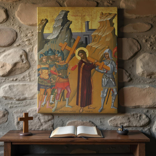 Orthodox Icon of Christ Carrying the Cross, depicting Jesus accompanied by armored soldiers on His way to Golgotha, displayed above a rustic prayer table with Bible and cross against a textured stone wall.