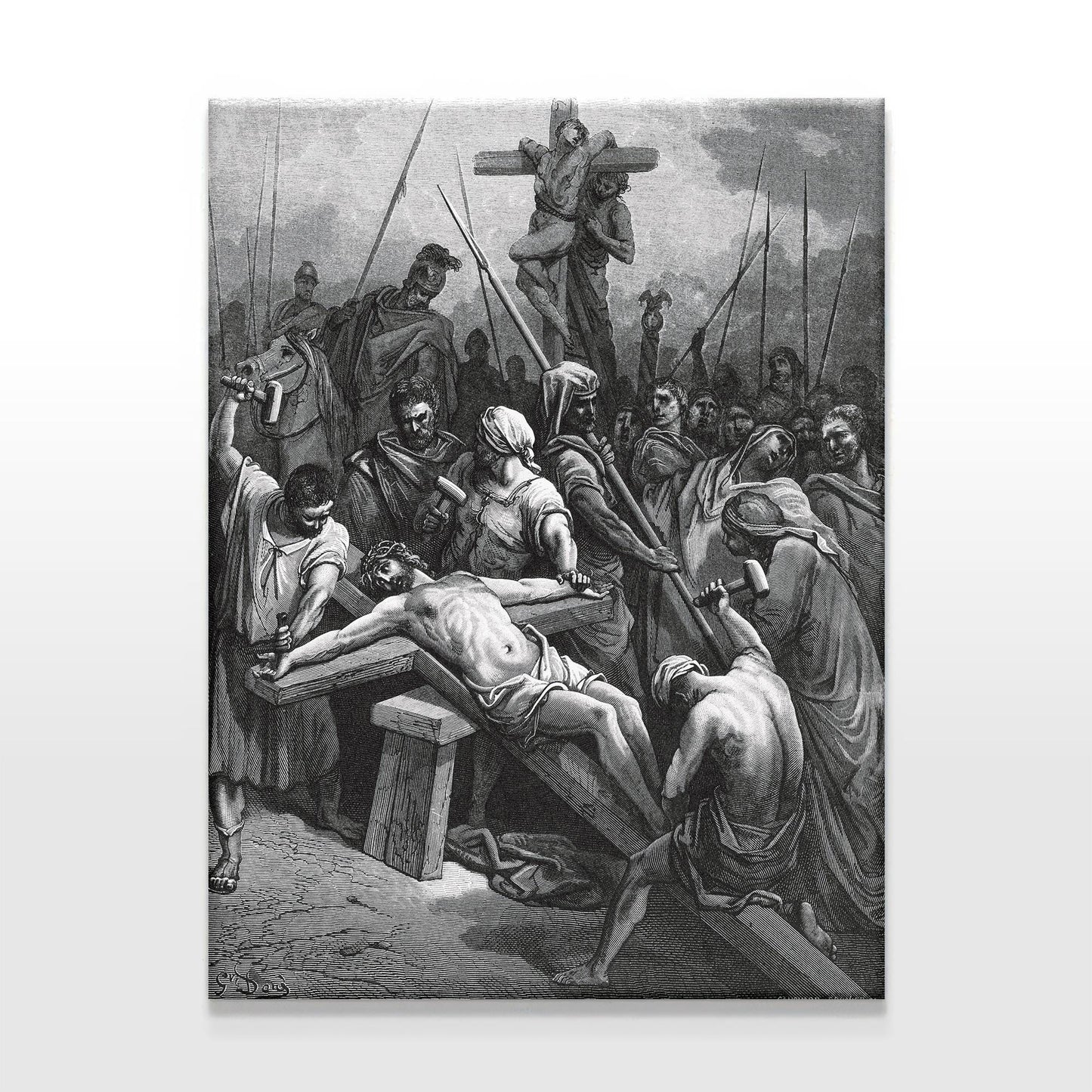 Classic black-and-white engraving by Gustave Doré showing Jesus Christ’s crucifixion scene, capturing the intense moment He is nailed to the Cross, displayed vividly on a simple white background.
