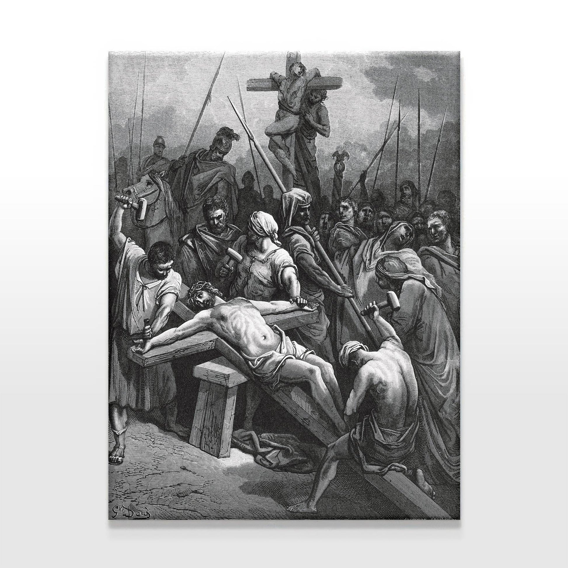 Classic black-and-white engraving by Gustave Doré showing Jesus Christ’s crucifixion scene, capturing the intense moment He is nailed to the Cross, displayed vividly on a simple white background.