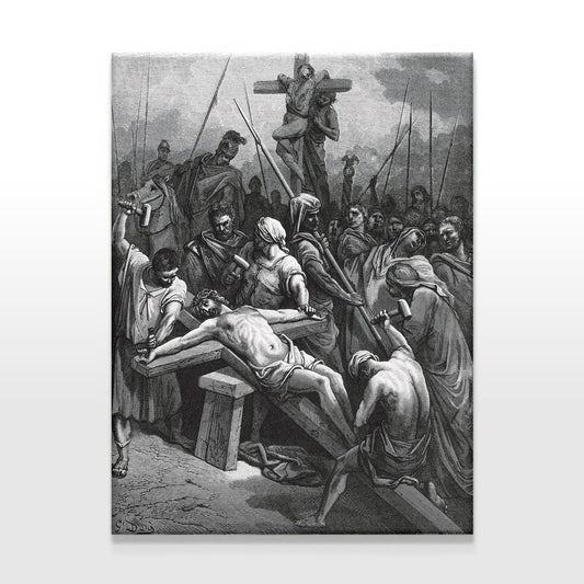 Classic black-and-white engraving by Gustave Doré showing Jesus Christ’s crucifixion scene, capturing the intense moment He is nailed to the Cross, displayed vividly on a simple white background.