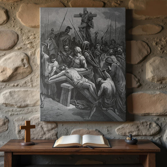 Gustave Doré’s engraving depicting Christ being nailed to the Cross, dramatically illustrating His sacrifice, set above a rustic prayer table with open Bible, cross, and incense against a textured stone wall.