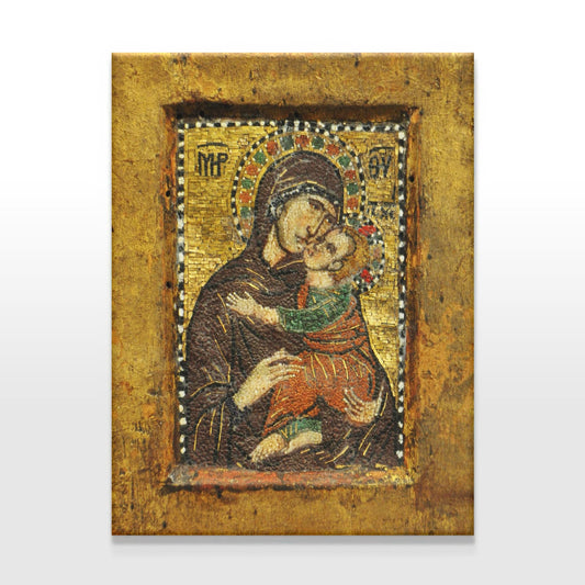 Beautiful Orthodox mosaic icon of the Virgin Mary and infant Jesus, depicted in gentle embrace with golden hues and delicate details, presented on a clean, white background.